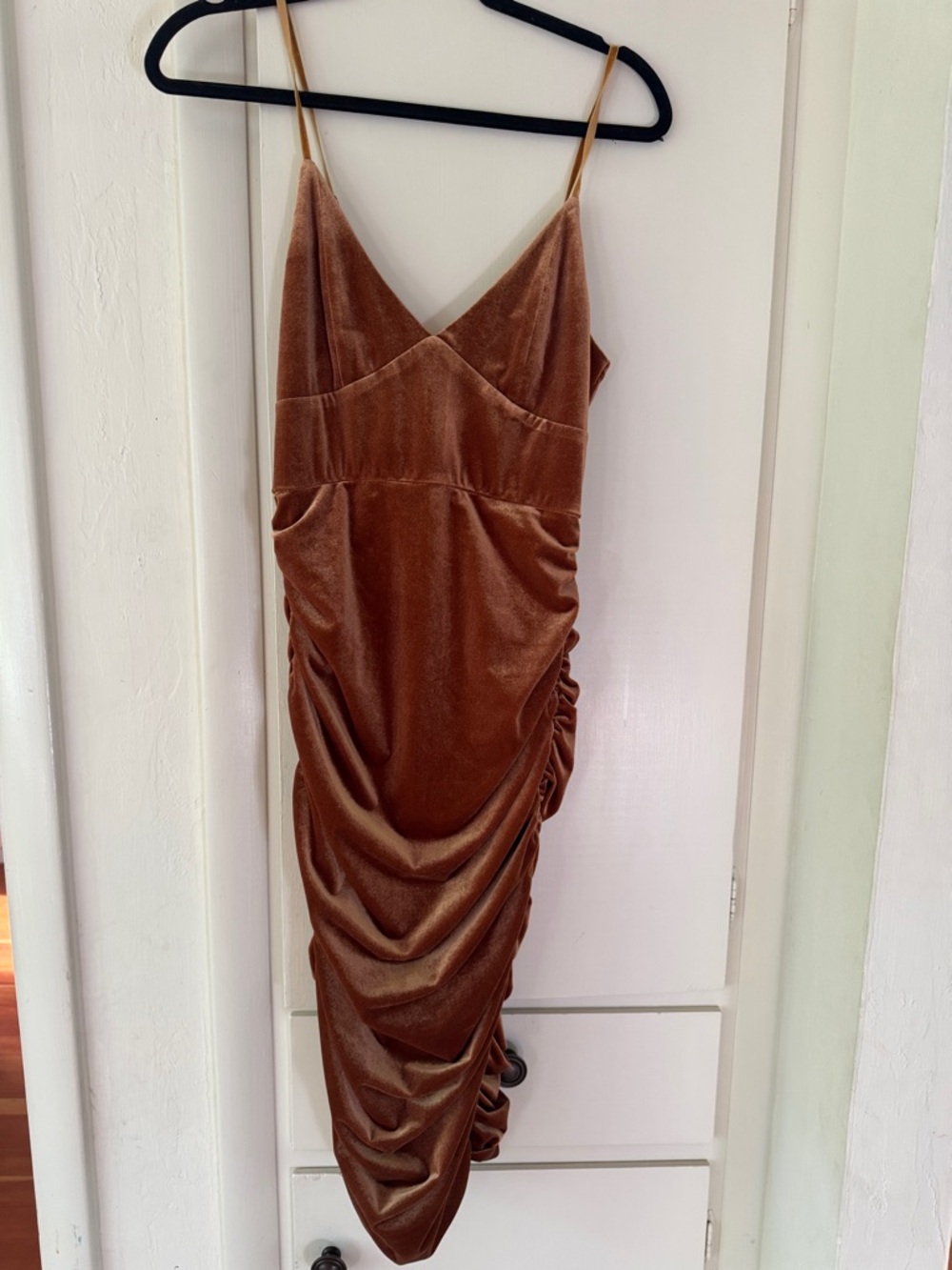 Velvet Ruched Slip Dress in Caramel